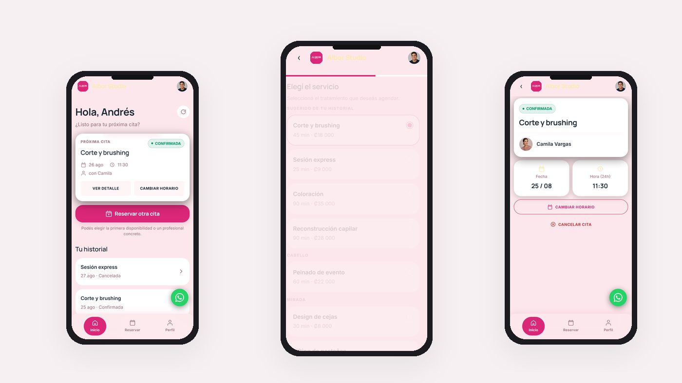 App del cliente con la marca del negocio: inicio, reserva de servicio y detalle de cita